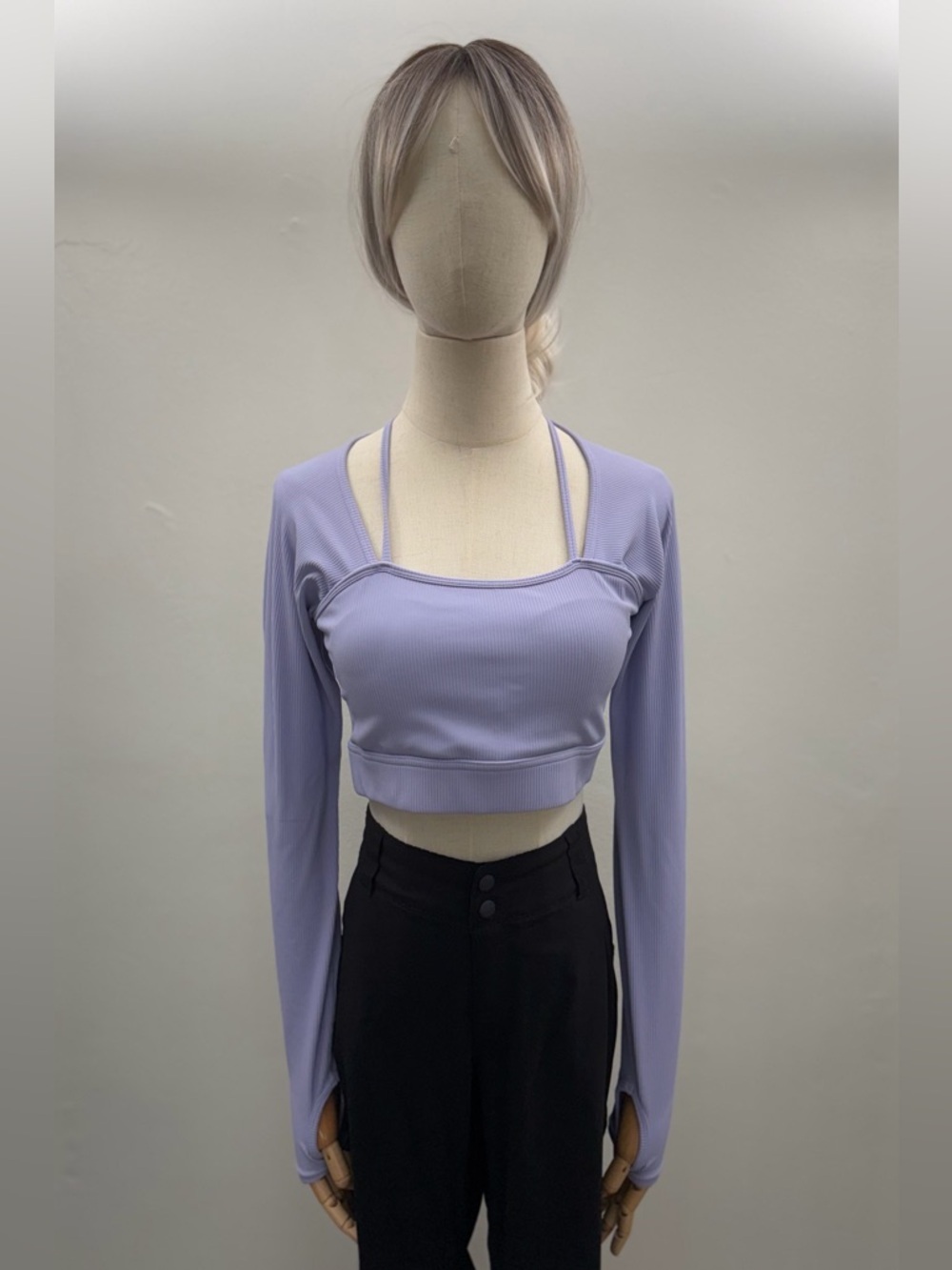Lilac Ribbed Crop Top Women’s Size M Nylon Elastane Long Sleeve Double Strap